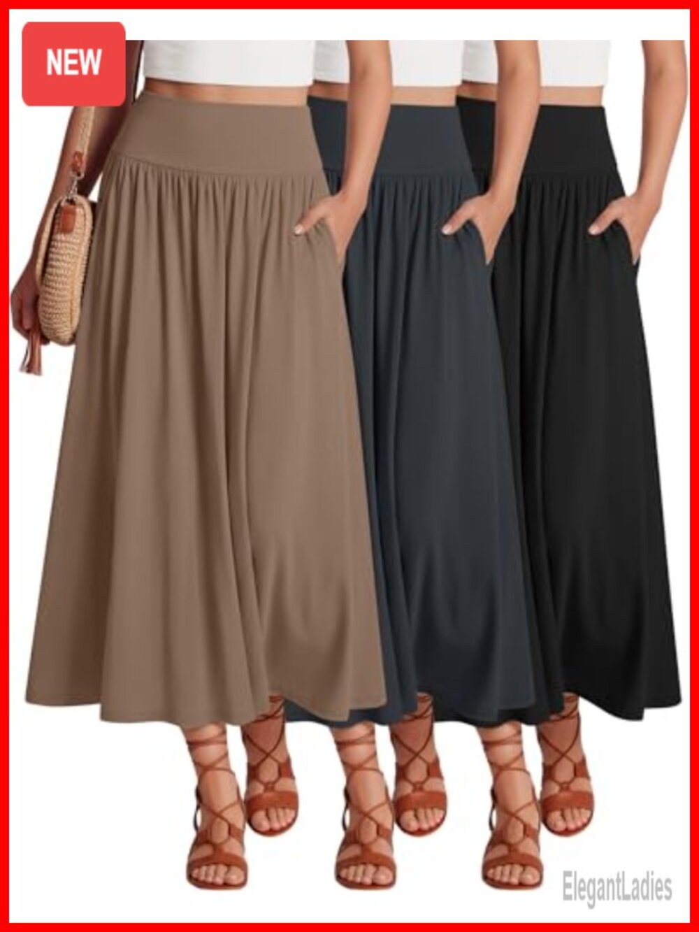 3 Pack Maxi Long Skirts for Women Pleated A-Line High Waisted Ankle Length